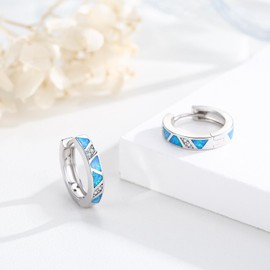 Opal Hoop Earrings 925 Sterling Silver Blue Opal Huggie Earrings for Sensitive Opal Jewellery Gift for Women Birthday Christmas, Sterling Silver