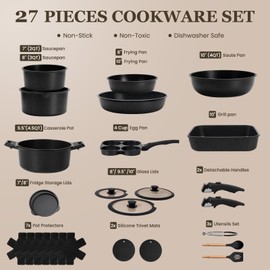 KIKCOIN Pots and Pans Set, 27 Pack Nonstick Cookware Set Detachable Handle, Induction RV Kitchen Cooking Set with Removable Handle, Frying Pans, Casserole - Dishwasher/Oven Safe, PFOA Free