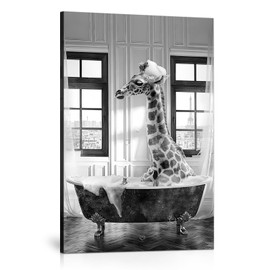 IUNTWEIE Animal Bathroom Pictures with Frame, Funny Deer Canvas Poster in Bathtub Black White Pictures for Living Room Bathroom Decor with Frame (A4 (21 x 29.7 cm), Animal -6)
