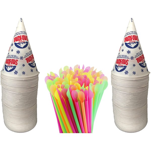 Concession Essentials 200 Count 6oz Snow Cone Cups with 200 8" Neon Spoon Straws