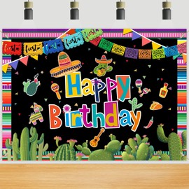 Mexican Party Backdrop Happy Birthday, Fiesta Party Banner, Cinco De Mayo Carnival Party Decorations, Colorful Background Banner Tablecloth for Photo Booth Studio Props Decor Supplies 180x110cm