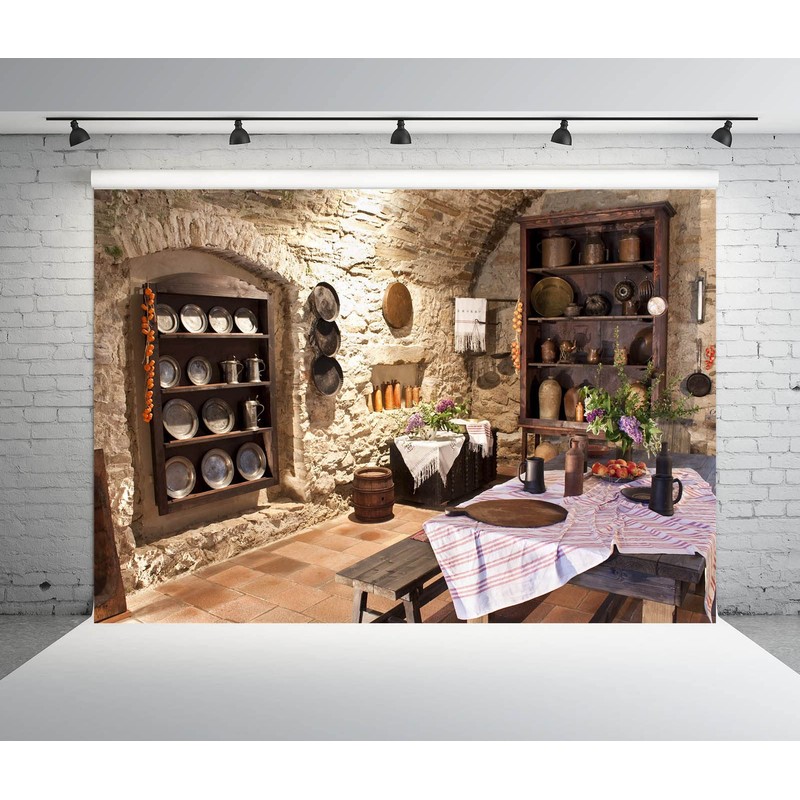 BELECO 2.1x1.5m Fabric Old Kitchen Backdrop for Photography Ancient Stone