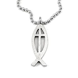 FORGIVEN JEWELRY Jesus Fish Cross Large Ichthus Antique Silver Pewter Ball Chain Necklace