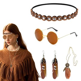 4 Pcs 70s Accessories for Women, Hippie Accessories Set 70s Headband Shiny Sunglasses Earrings Fancy Set 60s 70s Fancy Dress Hippie Costume Women for Ladies Dress Up Retro Party Cosplay Carnival