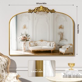 Vintage Arched Bathroom Mirror, 40"x 30" Retro Wall Mounted Vanity Mirror with Carved Pattern Top and Aluminum Frame, Antique Decorative Mirror for Hanging or Leaning
