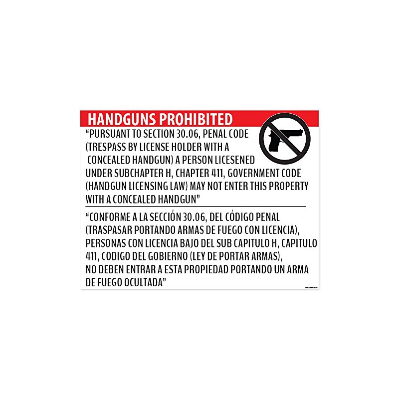 "Handguns Prohibited" Section 30.06 Poster - 18x24 Window Cling -