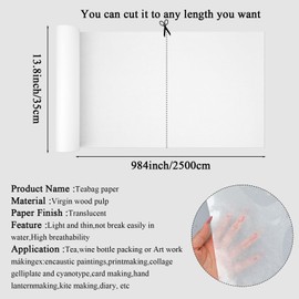 Artist Teabag Paper for Mixed Media Art, 13.8"x984" White Large Roll Paper,Wet Strength Tissue DIY Art Craft Supplies for Painting, Collage, Cyanotype, Origami, Printmaking