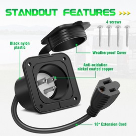 WOLFWILL 15 Amp AC Port Plug, 125V Shore Power Inlet with 18" Integrated Extension Cord Waterproof Cover NEMA 5-15 Flanged Inlet Receptacle Socket for RV Boat Camper Shed