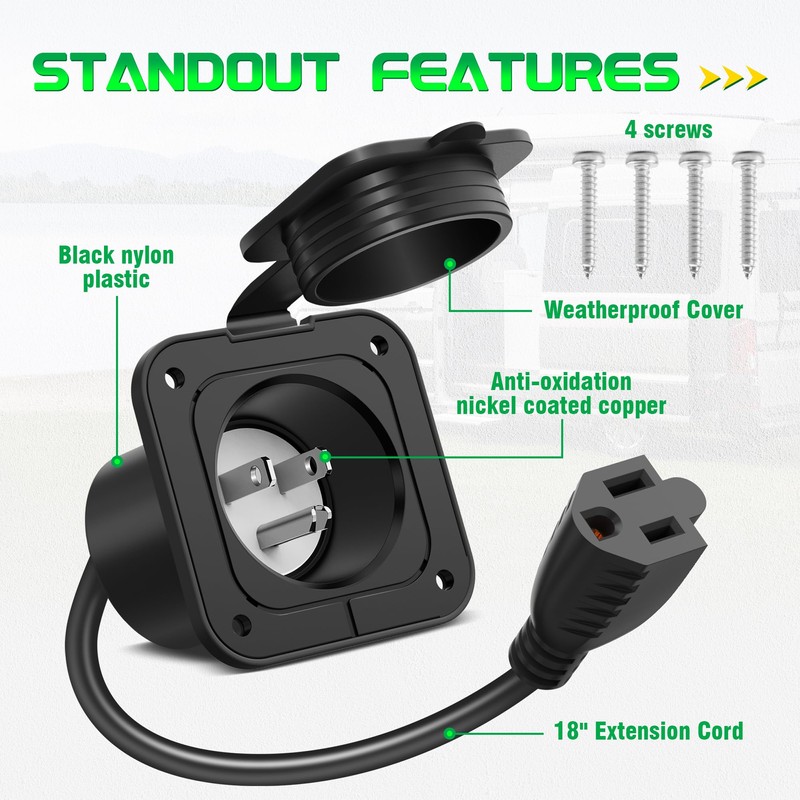 WOLFWILL 15 Amp AC Port Plug, 125V Shore Power Inlet