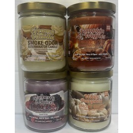 Smoke Odor Exterminator 13 oz Jar Candle, Creamy Vanilla, Set of 4 Candles Includes Creamy Vanilla, Pumpkin & Waffle, Mulberry & Spice and White Pumpkin.