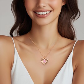 Necklaces for Women Copper Love Heart Pendant Plated Rose Gold Birthstone Necklace Jewellery Gifts for Mum Wife Girlfriend Anniversary Mothers Day Christmas Valentines (Rose Gold-10-Oct)