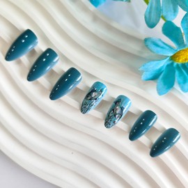 Almond Shaped Press on Nails Blue Fake Nails with Fish Water Plants Design Medium False Nails Blue Glossy Full Cover Acrylic Nails Artificial Nails Stick on Fingernails for Women Girls 24Pcs