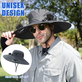 Outdoor Fishing Hat with 2 Solar Fan Breathable Wide Brim Sun Hat for Men Women, UPF 50+ Bucket Beach Hat (US, Numeric, 1, Grey)