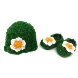 Hand Made 3 Piece Knitted Warm Cozy Baby Crochet Set- Newborn Toddler Wool Sweater Set Includes- Booties & Hat (6-12 Month, Green Vine Flower)