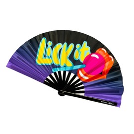 Kandies World Custom Festival Folding Hand Fan - Unique Designs, Made of Bamboo, Clacking Sound, Lightweight - Perfect Rave and Festival Accessory!… (Lick It)
