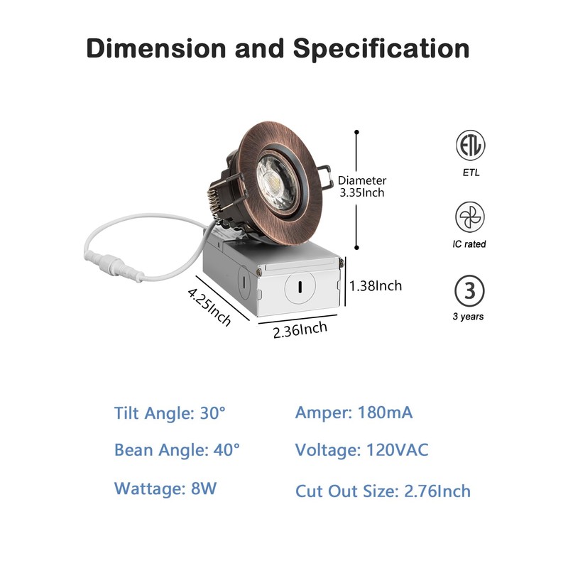ZYC 3 Inch Recessed LED Lights - 4 Pack Oil-Rubbed