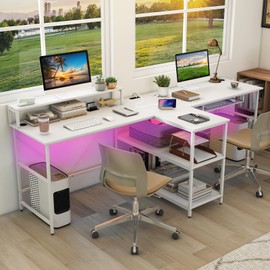Tangkula 2-Person Reversible Computer Desk with LED Lights, 94.5” Long Office Desk with Power Outlets, Monitor Stand, Keyboard Tray & 2 Storage Shelves, Double Desk for Gaming Working Writing (White)
