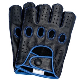 Riparo Mens Genuine Leather Reverse Stitched Half-Finger Driving Motorcycle Gloves (Medium, Black/Blue)