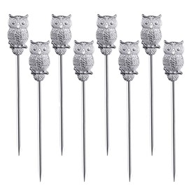 Owl Cocktail Picks, 8 pcs Stainless Steel Martini Olive Picks for Bloody Marys Olives Appetizers Fruits Sandwiches Drink Home Bar Decor (Owl Silver)