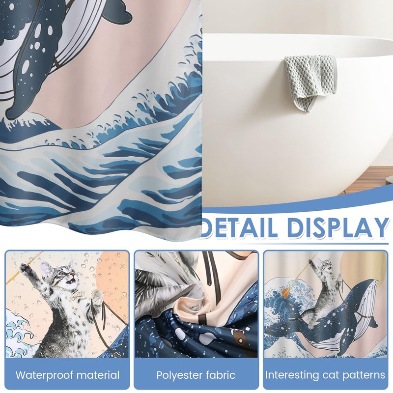 Funny Cat Shower Curtain, Cat Bathroom Curtain Cute Bathing Cat