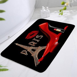 Black Bath Mat Makeup Red High Heel Lipstick Eiffel Tower Valentine's Day Romantic Love Fashion Girl Modern Bathroom Rugs Non Slip Backing Shower Mat Door Rug Bedroom Kitchen Carpet 17.8x29.5 Inch