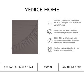 Venice Home 100% Cotton Fitted Sheet Only - Deep Pocket up to 16inch - All-Around Elastic - T-Shirt Fabric Jersey Knit - Extra Soft - Easy Fit - All Season - Comfy (Anthracite, Twin)