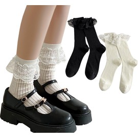 Ekieta Women's Socks, Cute, Lace, Cotton, Cute Socks, Cotton, Crew Socks, Thin, Breathable, Non-stuffy, Stylish, Lolita, Black and White, 2 Pairs Set, Spring and Summer, Lace-2 Pack, Free size