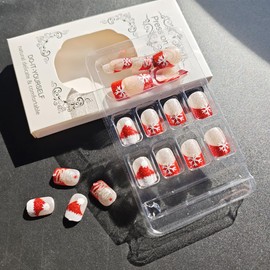 Christmas Press on Nails Short Square Red French Tip Press on Nails White Snowflake Glitter Glue on Nails with Christmas Trees Designs Winter Holiday False Nails for Acrylic Xmas Manicure Decorations