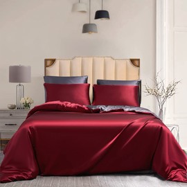 Damier Satin Bed Linen 155 x 220 cm Red Grey Gloss Satin Reversible Bed Linen Set 3-Piece Silky Shiny Luxury Duvet Cover with Zip and 2 Pillowcases 80 x 80 cm