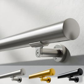 8FT Aluminum Handrail Kit for Indoor/Outdoor Stairs (2–18 FT Available) 1.97" Round Wall Mount Stair Railing, Stainless Steel Look, with Adjustable Steel Brackets Complete DIY Grab Bar Kit ARESSCORP