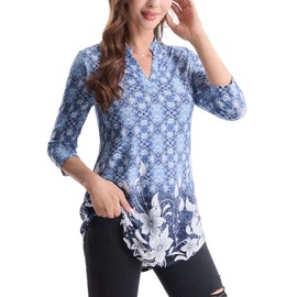 BAISHENGGT - Blusas de trabajo con cuello en V para mujer, manga 3/4, estilo informal, para salir, Azul Flores, Large