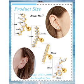 Tornito 9Pcs Cartilage CZ Stud Earrings Conch Forward Helix Tragus Daith Piercing Lip Rings Snake Heart Butterfly Jewelry for Women Men 16G Silver Gold Tone (A2: 9pcs, Gold Tone)