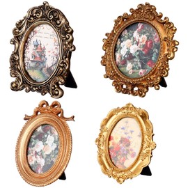 Geetery 4 Pcs Mini Gold Vintage Frames Set, Antique Picture Frame Small Luxury Wall Frame Ornate Oval Frame Circle Rectangle Wall Photo Display Hanging for Christmas Gift Gallery Home Decor