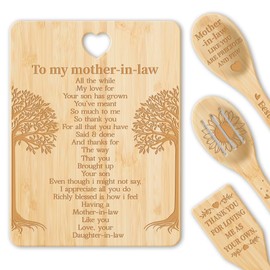 WEBEEDY Mom Bamboo Wood Cutting Board to My Mother in Law Tree Engraved Cutting and Charcuterie Board with 3Pcs Wooden Spoon Small Cutting Board with Hanging Hole Presents for Moml,22x29x1.5cm