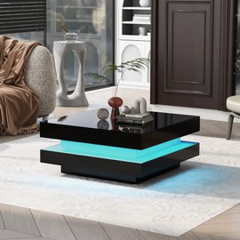 LED Coffee Table Modern High Gloss Cocktail End Table with 16-Color LED Lights, 2-Tier Square Coffee Table,Center Table for Living Room (Black)