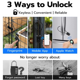 Anweller Fingerprint Cable Lock, 14" Long Shackle Small Padlock, Keyless Entry Biometric Bluetooth Smart Waterproof Combination Pad Lock for Gate Outdoor Fence Fridge Cabinet Locker Pool Bike - Black