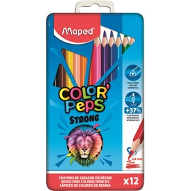 Maped Strong Color'Peps Colouring Pencils, 12 Colouring Pencils, Very Strong and Ergonomic - Metal Box of 12 Resin Pencils