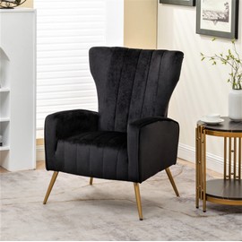 Container Furniture Direct Armchair Modern Velvet Accent Chair, Channel Tufted Bedroom, Office or Living Room Furniture with Elegant Metal Legs, Black