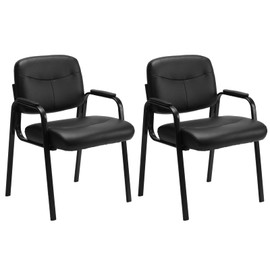 Sweetcrispy Office Reception Guest Chair No Wheels Set of 2, Leather Stationary Waiting Room Chairs with Padded Arms for Elderly Desk Conference Room Lobby Table Side Salon Black