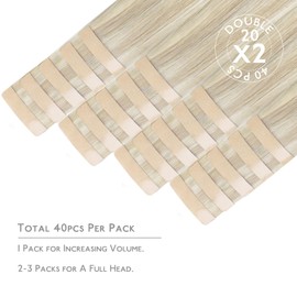WENNALIFE Tape-In Extensions, Real Hair, Pack of 40, 100 g, 35 cm / 14 Inches, Ash Blonde Highlights Platinum Blonde Hair Extensions, Real Hair Extensions, Invisible Tape-In Extensions, Real Hair,