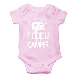 AW Fashions Happy Camper Baby Bodysuit Funny Cute Infant Outfit Adorable Newborn Boy Girls Unisex Romper (12 Months, Pink)
