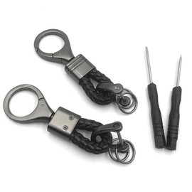 BuxiuGK 2 Piece Braided PU Leather Keychain Strap Keyring with Zinc Alloy for Car Office Home Keys,Black
