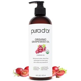PURA D'OR Aceite de semilla de uva orgánico de 16 onzas – Aceite portador prensado en frío 100% puro y natural certificado por la USDA – Ligero y sedoso, sin perfume, sin hexano, hidratante líquido