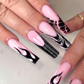 RUOKEXIN Long Press on Nails Coffin Fake Nails Black French Tip Nail Press ons Pink False Nails with Flame Designs Crocodile Pattern Acrylic Artificial Nails Natural Stick on Nails for Women 24Pcs
