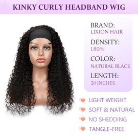 LIXION Headband Wig Curly 10A Grade Brazilian Human Hair Wear and Go 18 Inch kinky Curly Headband Wig Glueless None Lace Front Wigs for Women 180% Density Natural Color