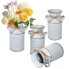 Biugaaufai 4 Pack Metal Flower Vase, Galvanized Metal Milk Can, French Rustic Milk Jug Planter, Farmhouse Decorative Flower Vase, Farmhouse Metal Vases for Home, Fireplace, Cabinet, Bathroom Decor