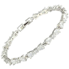 RIZILIA Women Pear White Cubic Zirconia CZ 18K White Gold Plated Flower Tennis Bracelet Chain