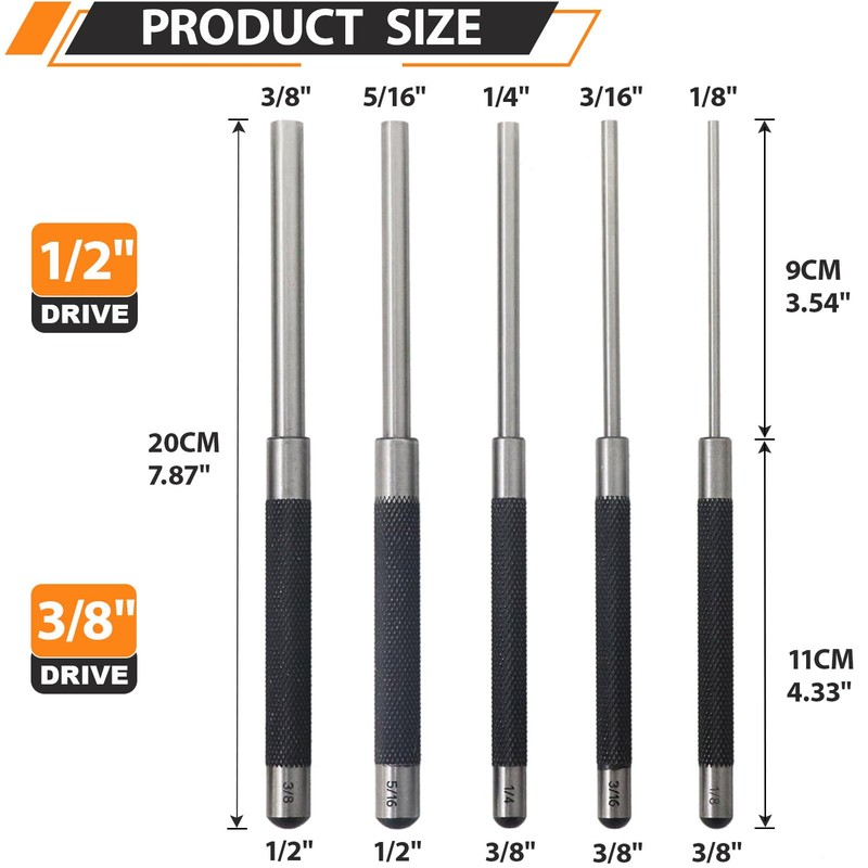 WHLLING 5-Piece Roll Pin Punch Set, 8-Inch Carbon Steel Pin