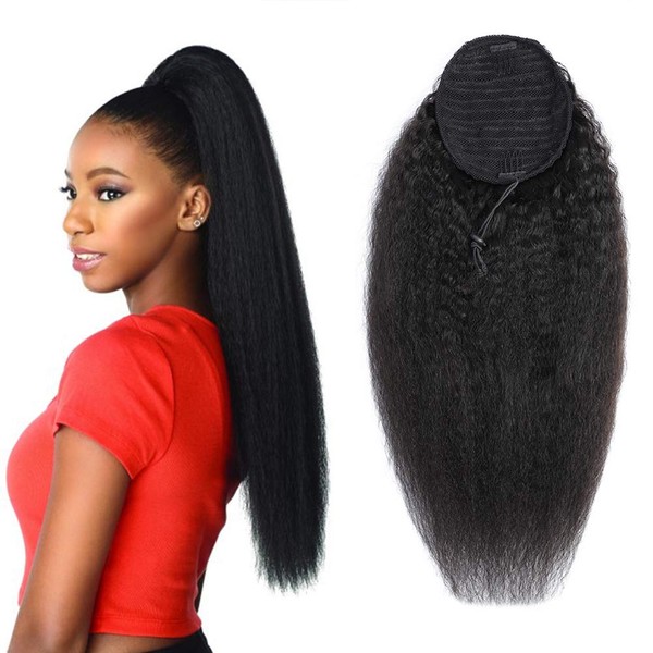 Wrap Drawstring Kinky Straight Human Hair Puff Ponytail Extensions with