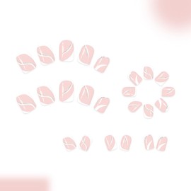 24pcs Square Press on Nails Short - French Tip False Nails with Glue - Pink Stick on Nails with Glitter Curves - Soft Gel Glue on Fake Nail for Women Daily Wear in 12 Sizes